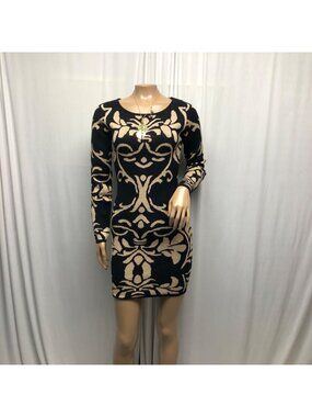 Derek Heart Sweater Dress Womens Size Medium Black Beige Long Sleeve Bodycon
